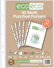 Load image into Gallery viewer, Pack of eco-friendly A5 multi-punched pockets with eco-eco branding on a beige background.
