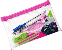 Load image into Gallery viewer, Pencil case with stationery items including a protractor, ruler, and pencils, branded 'Oxford'.
