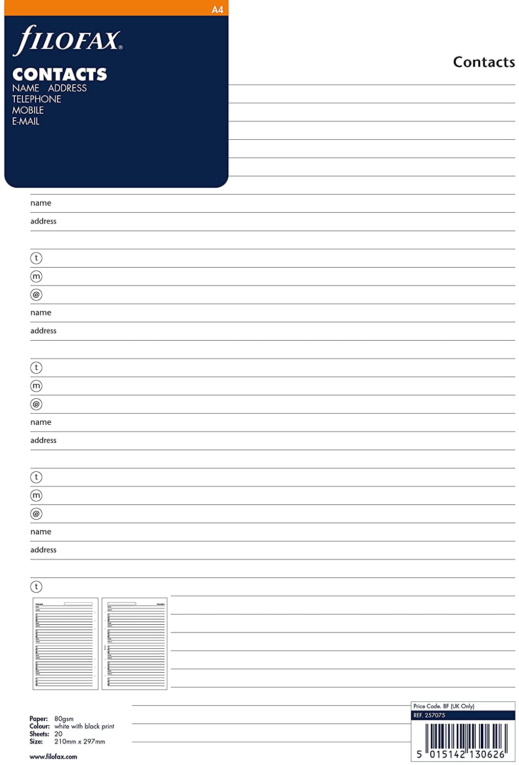 Filofax A4 Name, Address and Numbers
