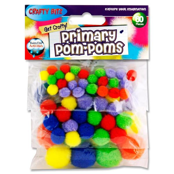 Crafty Bitz Pkt.60 Asst Sizes Pom Poms - Primary