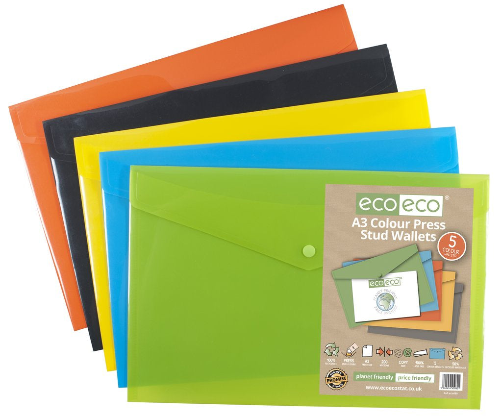 Eco Eco Pack 5 A3 50% Recycled Colour Press Stud Wallets