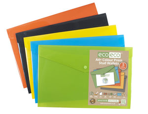 Eco-Eco Press Stud Wallet Assorted Colours A4 + 50% Recycled x 5