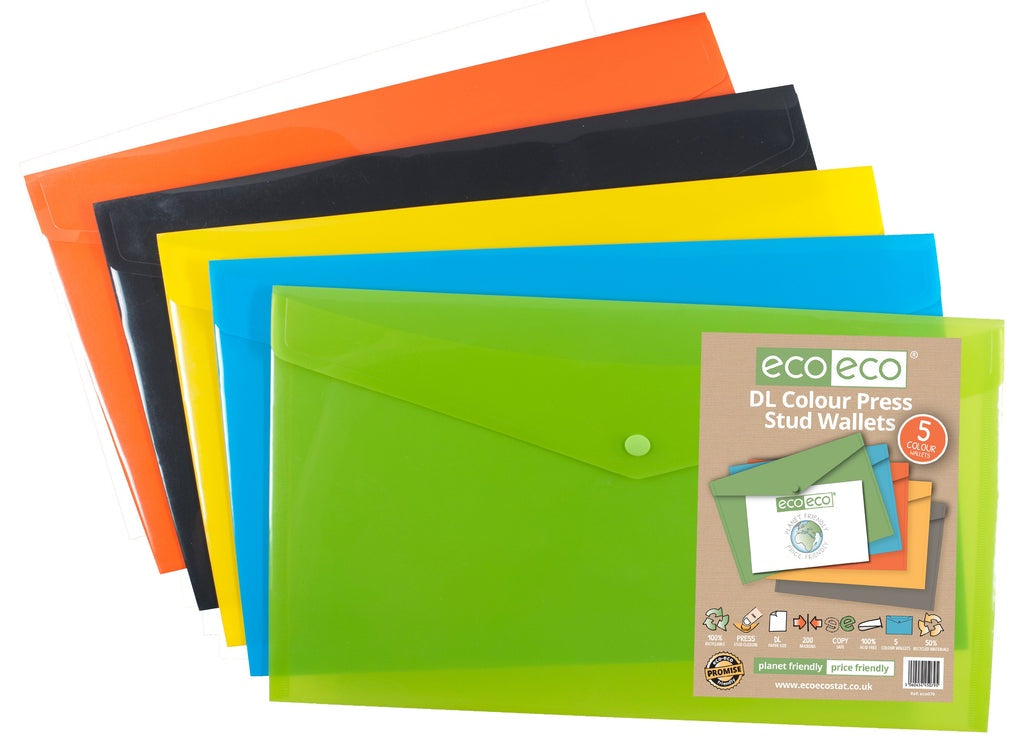Pack 5 DL 50% Recycled Colour Press Stud Wallets