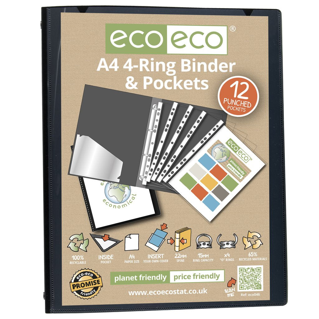 Eco-Eco Ring Binder A4 65% Recycled 4 O Rings 22mm Spine 12 Punched Pockets